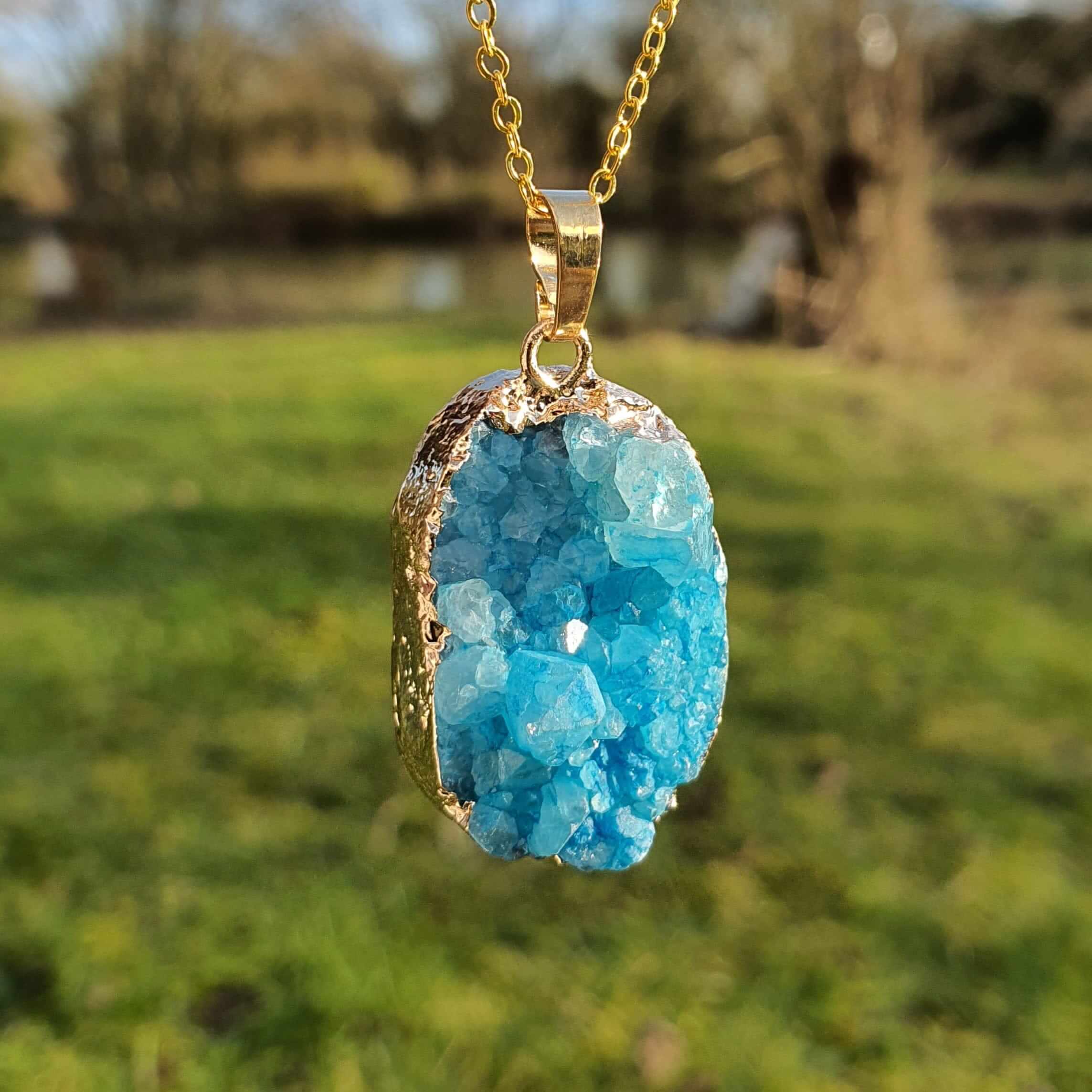 Blue Druzy Necklace Gold Dip Raw Gemstone Crystal Necklace