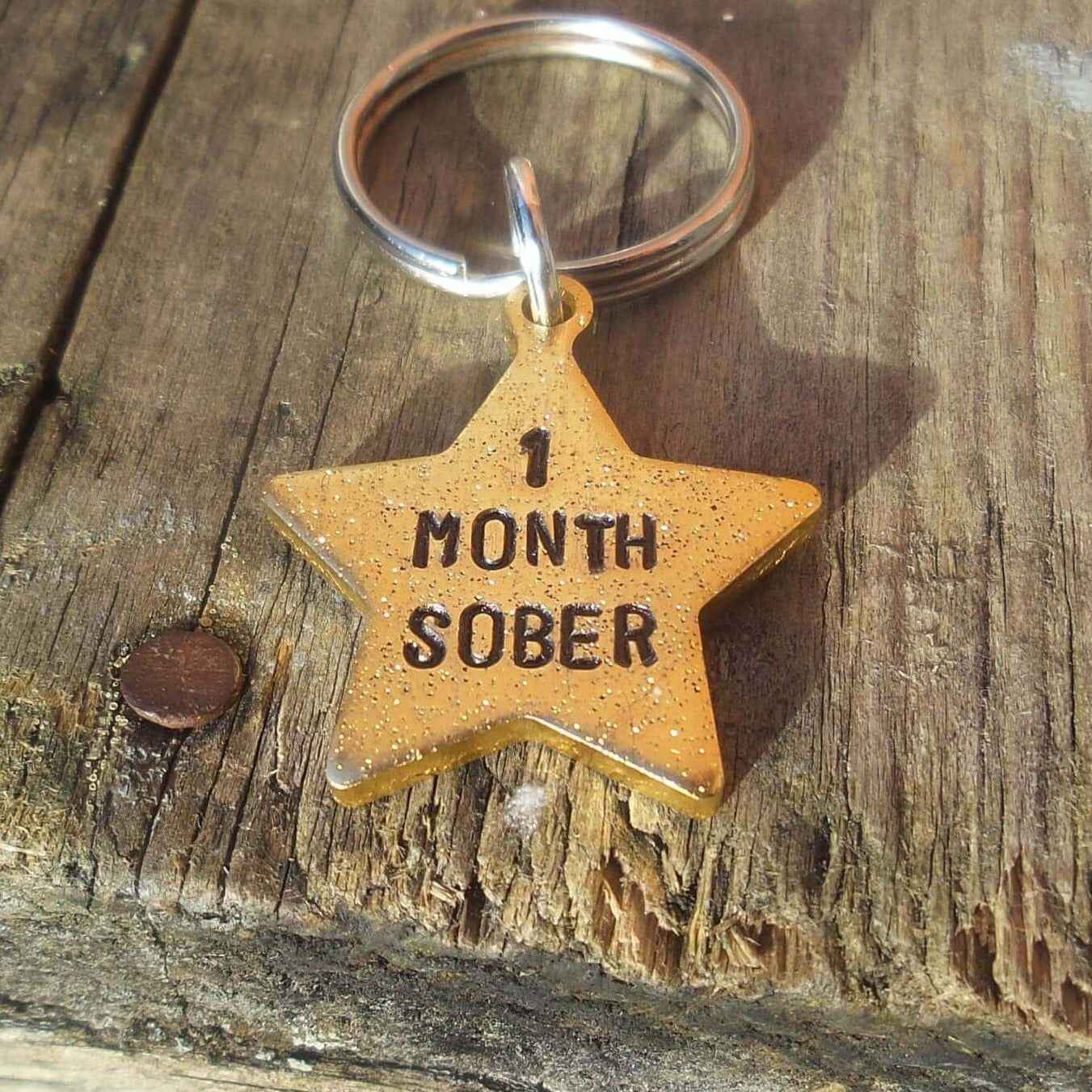 1 Month Sober Sobriety Gold Star Award Keychain Rehab Keyring