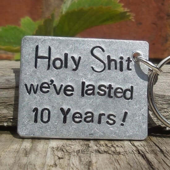 Holy Shit We've Lasted 10 Years 10th Aluminium Wedding Anniversary Gifts For Her Funny Personalised Wife Keychain I Love You Husband Tin