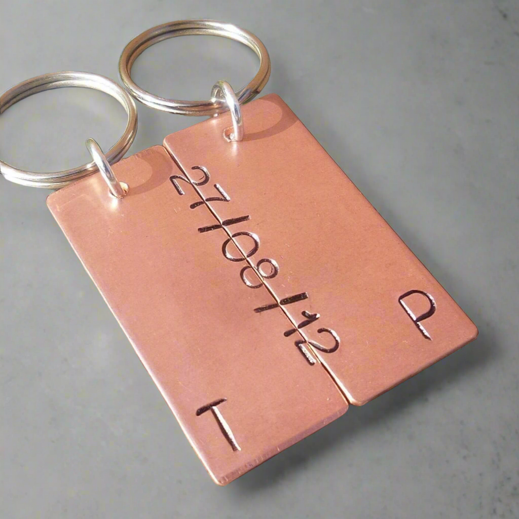 Hand Stamped copper wedding anniversary gifts keyring keychain personalised Gift 7th 9th 19th 22nd