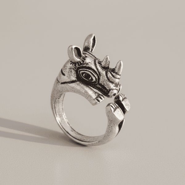 Rhino Ring Adjustable Silver Animal Jewellery