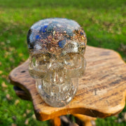 XL Lapis Moss Agate Orgonite Skull Orgone Generator Quartz Crystal