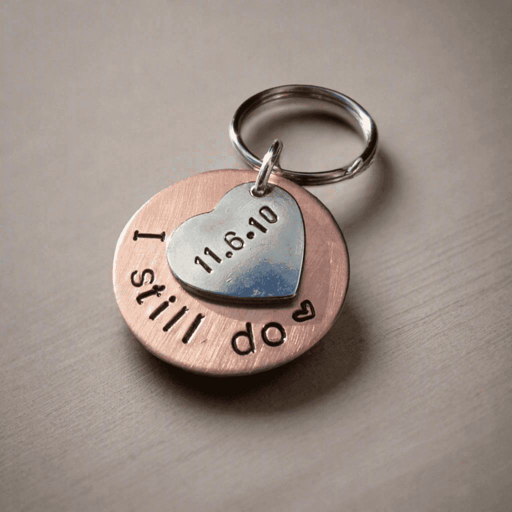 Personalised Bronze Anniversary Gift keychain with hand stamped date and initials, ideal for celebrating love.