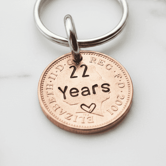Keychain with a copper coin featuring '22 Years' engraved on a white background