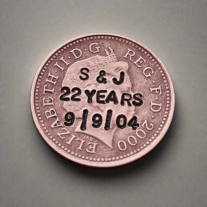 22nd Anniversary personalised British penny with initials S & J and date 9/19/04 for 22 Years celebration.