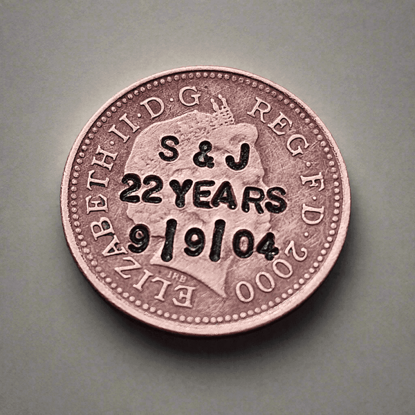 22nd Anniversary personalised British penny with initials S & J and date 9/19/04 for 22 Years celebration.