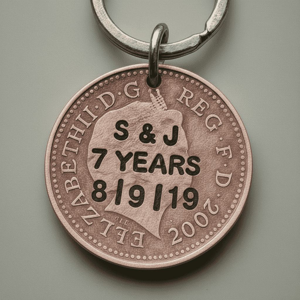 7th Anniversary Gift 1p Keyring Personalised 7 Years Copper Keychain