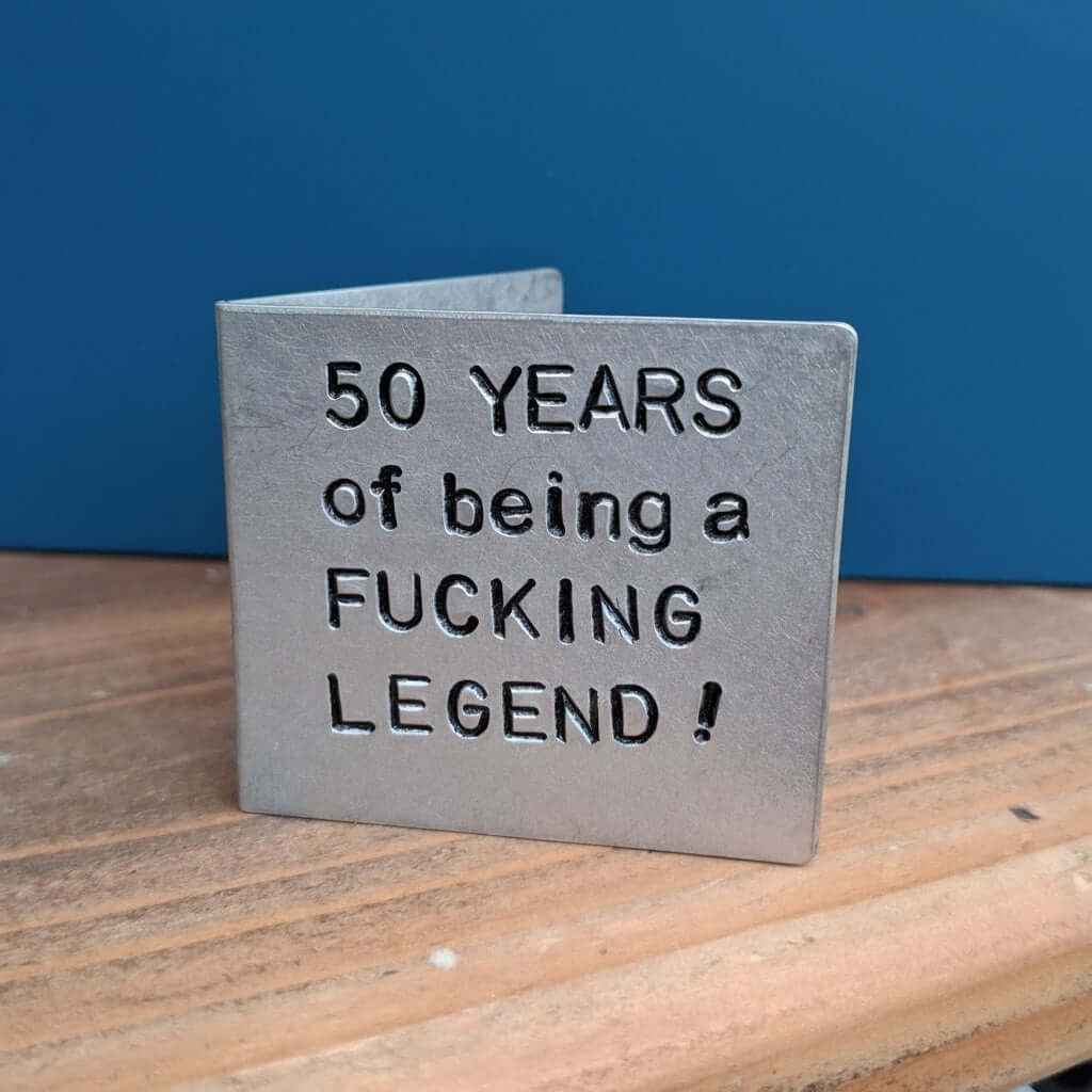 Personalised 50th Birthday Card Metal Handstamped Funny Gifts For Him Her Legend