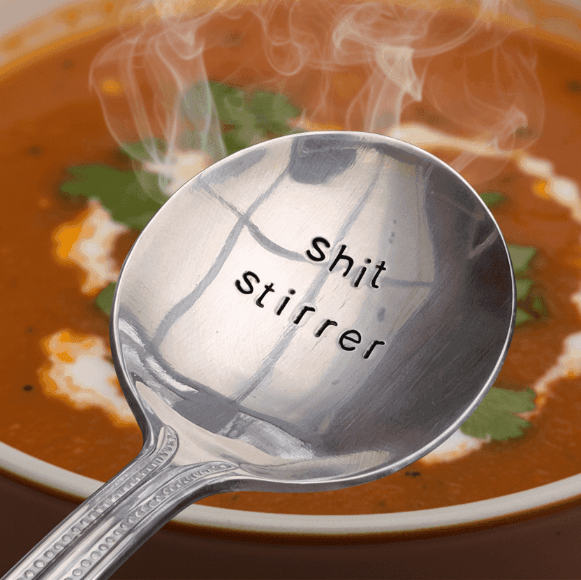 Shit Stirrer Soup Spoon Cutlery Joke Rude Gift Novelty Hand Stamped Personalised Cutlery