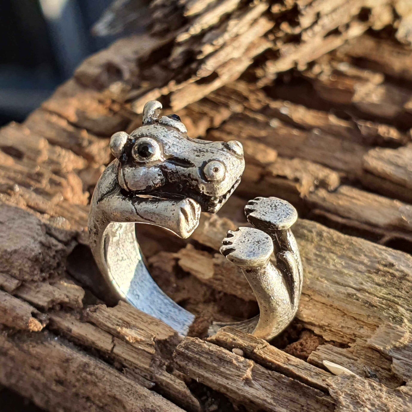 Adjustable size animal ring silver jewellery jewelry dog cat cute rings gifts for Hippo Ring