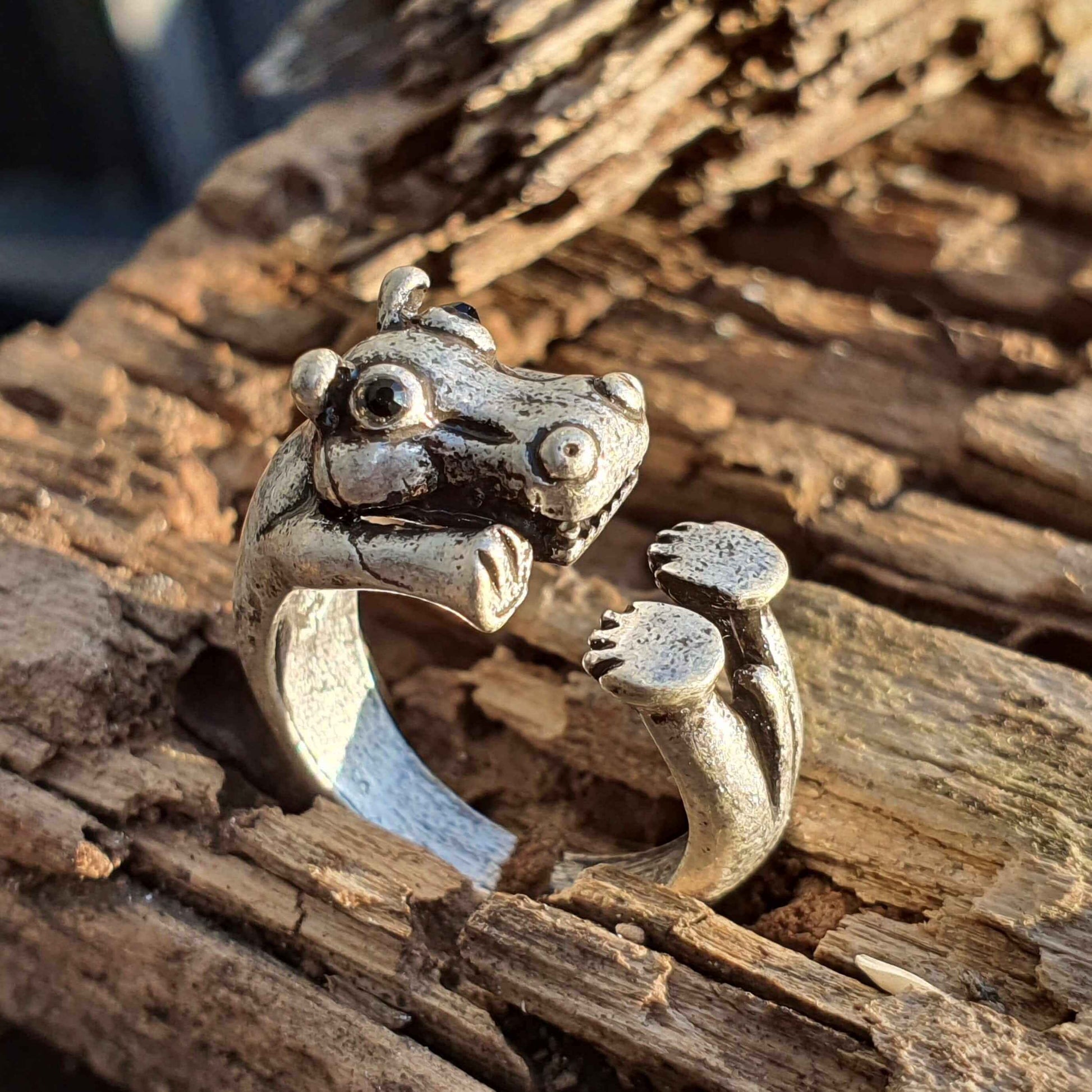 Adjustable size animal ring silver jewellery jewelry dog cat cute rings gifts for Hippo Ring
