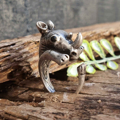 Adjustable open ring animal rings jewellery jewelry silver cute gifts Silver Rhino Ring