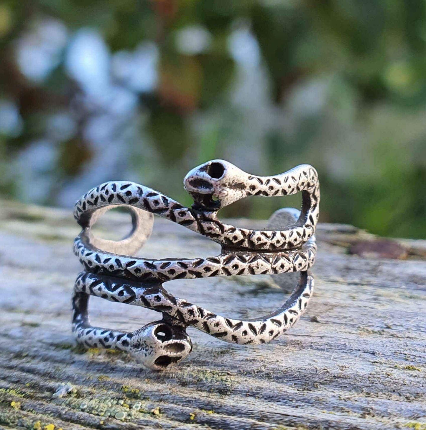 2 Headed Snake Ring Adjustable Silver Jewellery Goth
