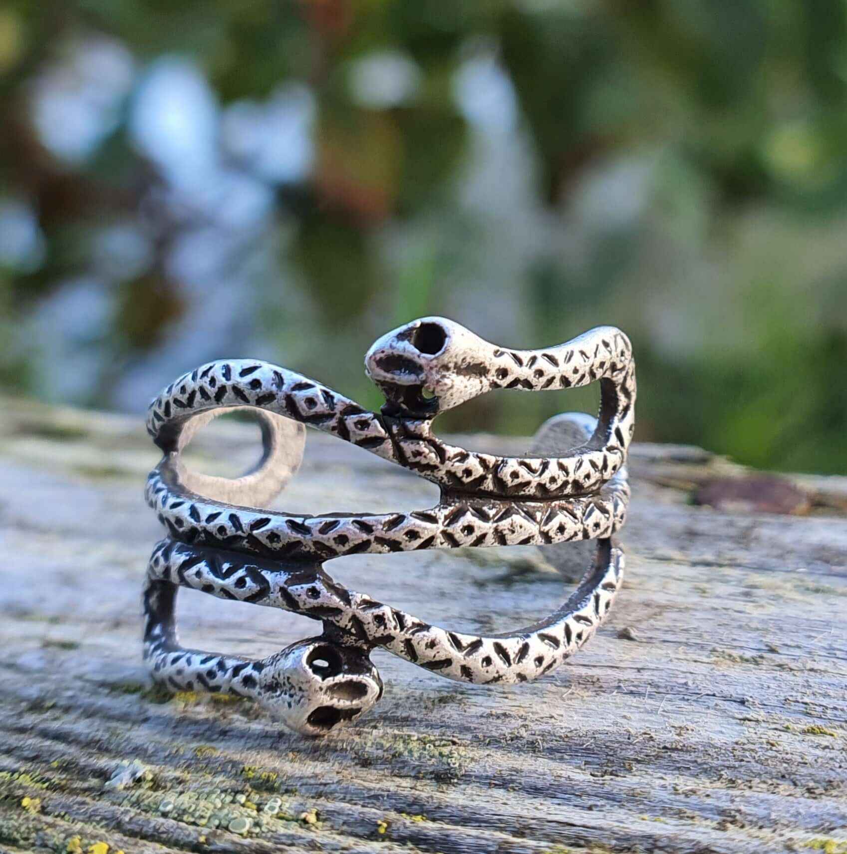 2 Headed Snake Ring Adjustable Silver Jewellery Goth