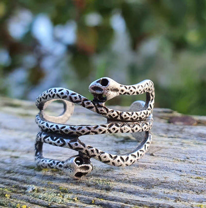 2 Headed Snake Ring Adjustable Silver Jewellery Goth