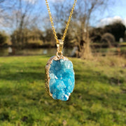 Blue Druzy Necklace Gold Dipped Raw Gemstone Crystal Necklace