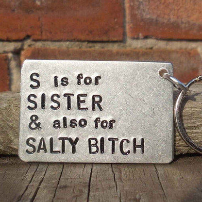 Hand Stamped Personalised S is for Sister Keyring Anniversary Gifts