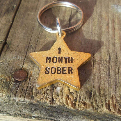 1 Month Sober Sobriety Gold Star Award Keychain Rehab Keyring