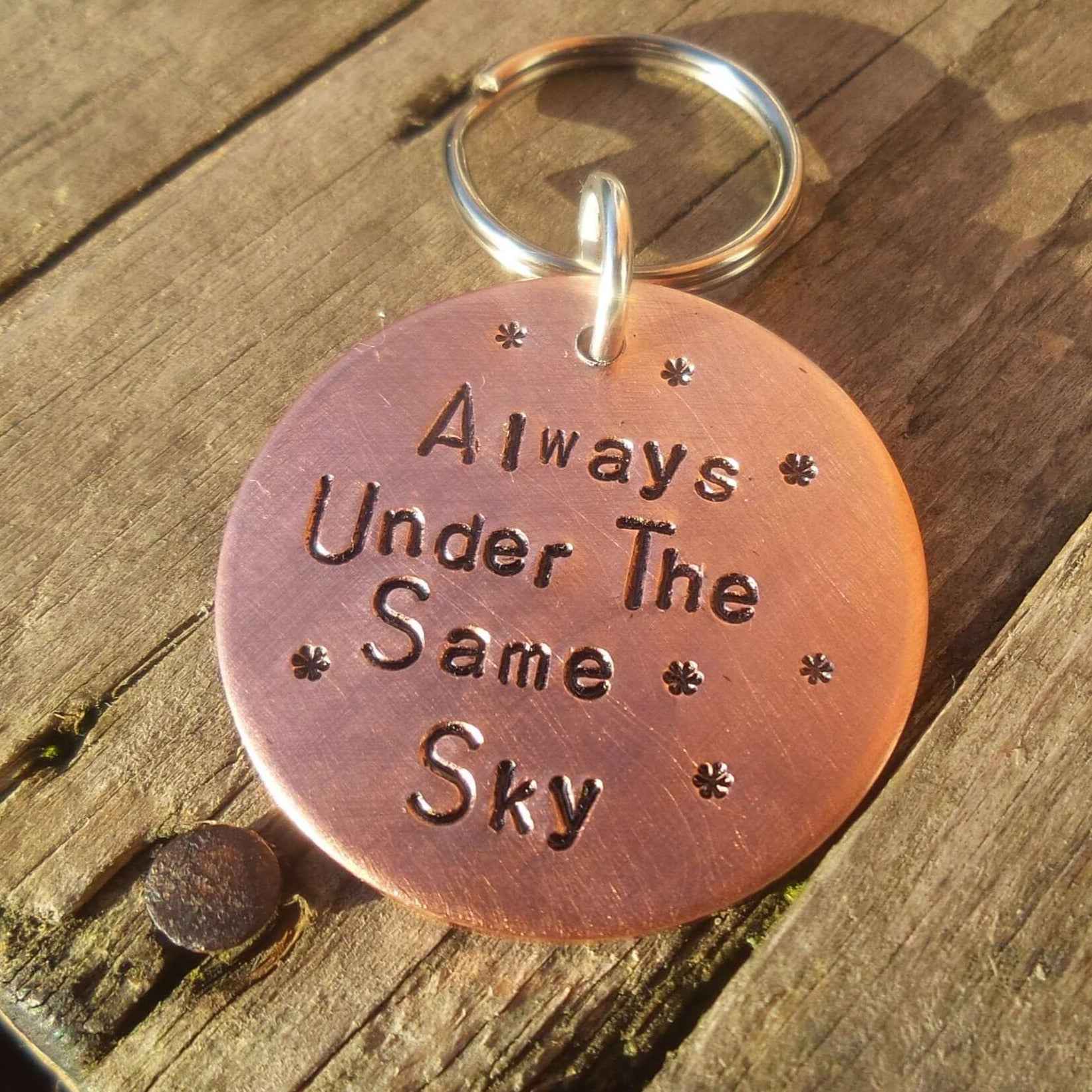 Hand Stamped Personalised Keychain Keyring Anniversary GiftsAlways Under The Same Sky