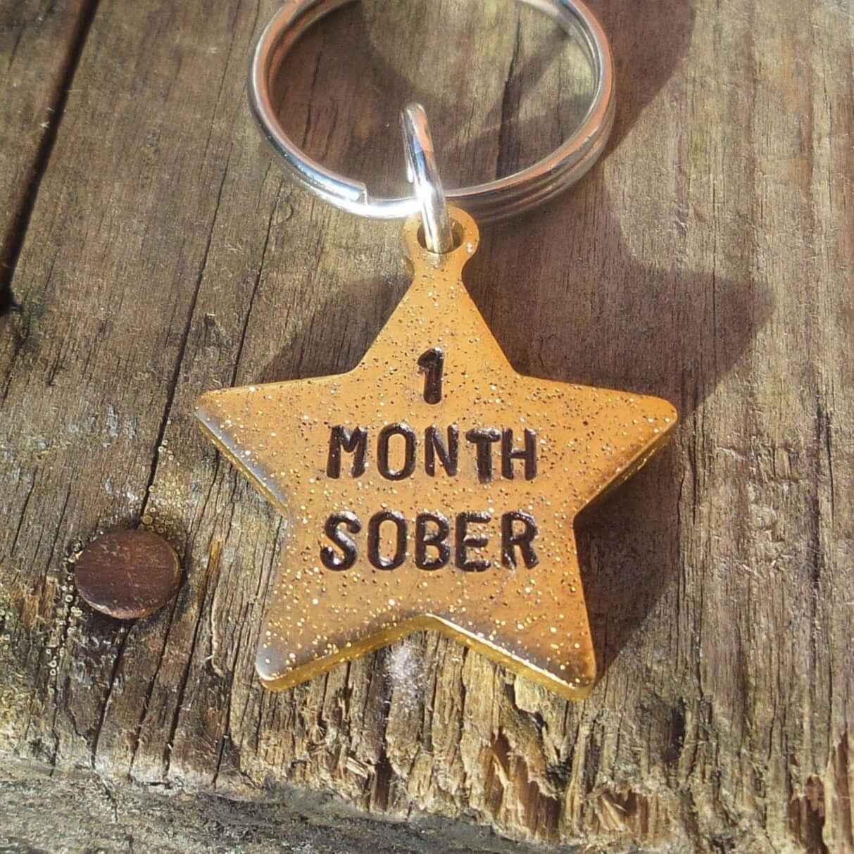 1 Month Sober Sobriety Gold Star Award Keychain Rehab Keyring