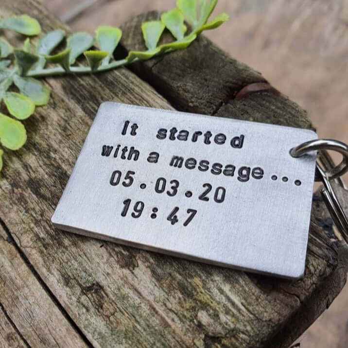 It Started With A Message Stamped Personalised Keychain Keyring Anniversary Gifts