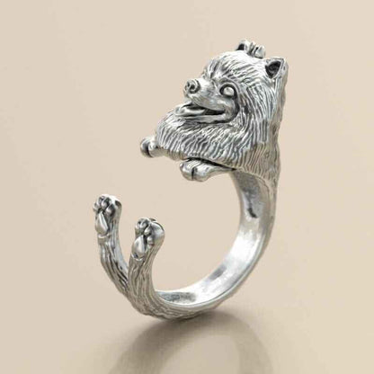 Silver Pomeranian Puppy Dog Ring Adjustable