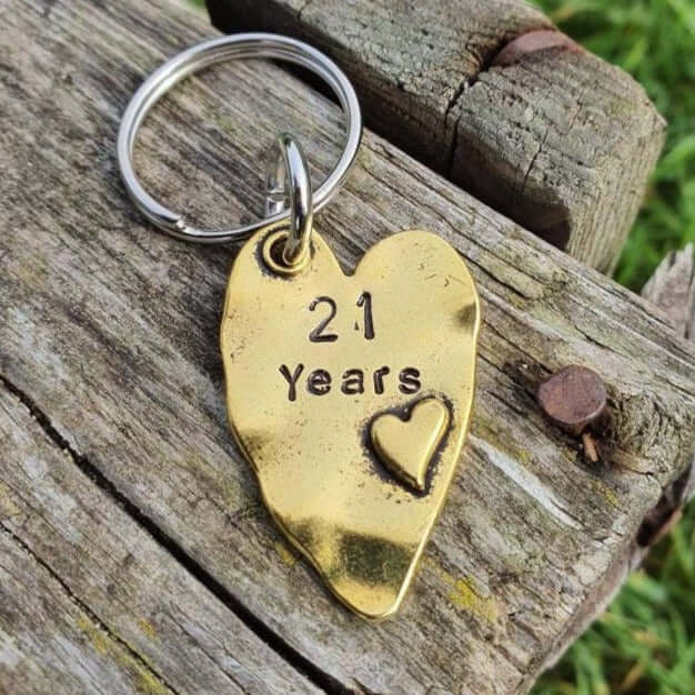 21 Years Love Heart 21st Wedding Anniversary Brass Keychain
